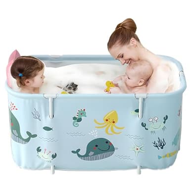 Warmiehomy Faltbare Badewanne, 120X50X55cm Tragbare Klappbadewanne mit Kissen und Rückenlehne, Heißes Bad Eisbad SPA Badewanne für Dusche, Mobile Badewannes für Erwachsene Kinder, Ozean-Stil