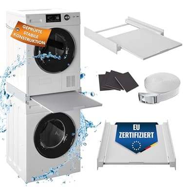 MEISTERWERK - Zwischenbaurahmen mit ausziehbarer Abstellfläche - (EU ZERTIFIZIERT) Verbindungsrahmen für Waschmaschine & Trockner - Zwischenbausatz mit Abstellfläche