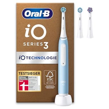 Oral-B iO Series 3 Plus Edition Elektrische Zahnbürste, Electric Toothbrush, PLUS 3 Aufsteckbürsten, 3 Putzmodi für Zahnpflege, Designed by Braun, TESTSIEGER Stiftung Warentest (12/2024), Ice Blau