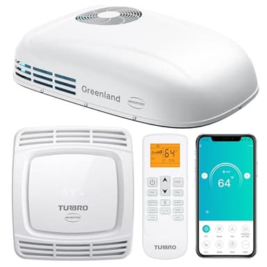 TURBRO Wechselrichter-Klimaanlage ​​für Wohnmobile​​ mit Wärmepumpe, 3,600 W Dachgerät ohne Kanäle und Deckenmontage mit Ambiente-Leuchte, leiser Betrieb, 220-240V AC, Fernbedienung & WLAN, weiß
