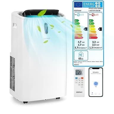 COSTWAY Klimaanlage mobil 16000BTU, Klimagerät mit Abluftschlauch, 5 in 1 Kühlen & Heizen & Entfeuchten & Belüften & Schlafmodus für Räume bis zu 150 m³, Fernbedienung/App, 24H Timer, 4700W, ≤57dB
