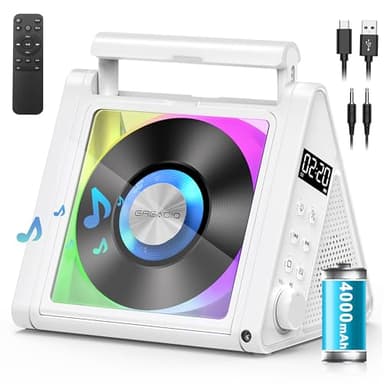 Greadio CD Player Tragbar, 4000mAh Wiederaufladbarer FM Radio mit Stereoanlage und Bluetooth 5.3, USB, AUX, Fernbedienung, 2 * 10W-HiFi-Sound-Lautsprecher, RGB-Farbige Lichter MP3 CD Player Kinder