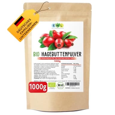 EWL Naturprodukte Hagebuttenpulver BIO 1kg, ganze Hagebutte gemahlen in Rohkostqualität, vegan, Bio Hagebuttenpulver aus kontrolliert biologischem Anbau