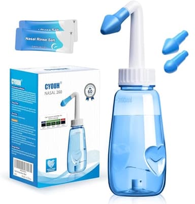 CYOUH Nasendusche Set, 260 ml, mit 60 Nasenwasch-Salzpaketen und Aufkleberthermometer，nasendusche erwachsene zur Nasenreinigung und Nasenspülung