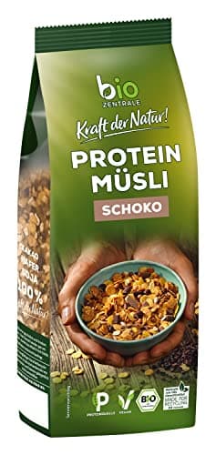 biozentrale Müsli Protein Schoko, 375 g veganes Bio-Müsli mit Sojaflocken, Hafer & Schoko, hoher Ballaststoffgehalt, hoher Proteingehalt