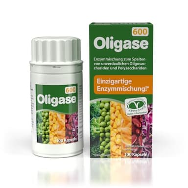 Oligase 600, Enzymmischung zur Verdauung von blähenden Kohlenhydraten, Verdauungsenzyme zur Abhilfe bei Blähbauch & Magenschmerzen, frei von Gluten und Fructose, für Vegetarier geeignet, 100 Kapseln