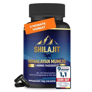 Shilajit Kapseln Mumijo Original Himalaya – 180 Kapseln (90 Tage) – 14.000 mg hochdosiert (10:1 Extrakt) – mit Fulvinsäure, Huminsäure, Mineralien & Spurenelementen – vegane Formel