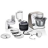Bosch Küchenmaschine Serie 4 MUM5XW20, Edelstahl-Schüssel 3,9 L, integrierte Waage, Mixer 1,25 L, Profi-Knethaken, Schnee-, Silikonbesen, Durchlaufschnitzler, 4 Scheiben, 1000 W, Weiß/Silber