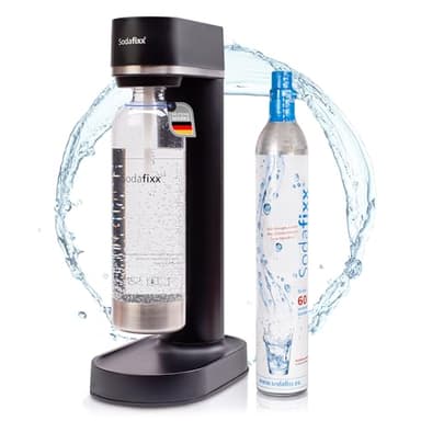 Sodafixx Wassersprudler Schwarz + 1 PET Wasserflasche 0,85L + 1x CO2 Zylinder - Sprudelwasser Maschine ohne Strom - Soda Maker - Wasser Sprudel Gerät - Sprudelwasser Flaschen