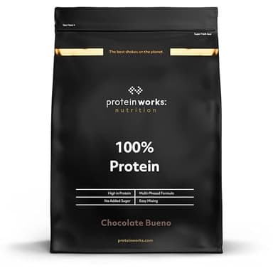 Protein Works - 100% Protein Pulver, 50 Servings, Quad-Protein Mischung, Bis zu 18g Protein, Ohne Zuckerzusatz, Vollständiges Aminosäureprofil, Chocolate Bueno, 1.25kg