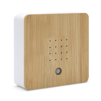 Vogelgezwitscher Soundbox mit Front aus Bambus - 12 cm - Lautsprecher mit beruhigendem Vogelgesang - Deko Box mit Naturgeräuschen Vogel Sound 2 Meter Sensor für Bad Spa Gäste WC und Entspannung