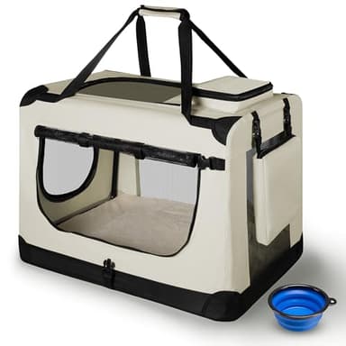 Juskys Hundetransportbox Lassie M faltbar & tragbar 42x60x44 cm mit Decke, Tasche & Griffen - Faltbare Transportbox für Hunde, Katzen & Haustiere - Oxford Stoff Hundebox Auto Hundetasche - Beige