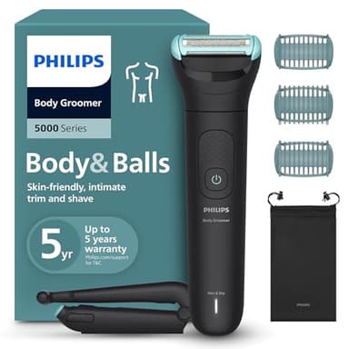 Philips Bodygroom 5000 für Herren – mit Dreifachschutz-Rasiersystem, elektrisch trimmen und rasieren im Intimbereich, klappbarer Rückenaufsatz, 100% duschfest, 100 Min. Laufzeit, Modell BG5480/15