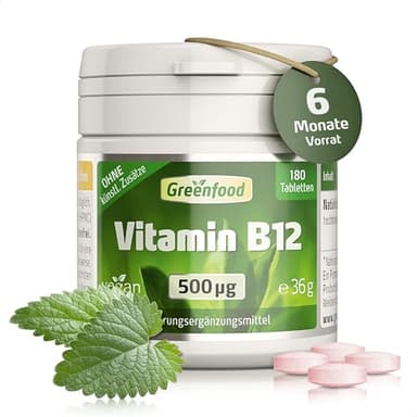 Vitamin B12, hochdosiert, 500µg - 180 Tabletten, vegan. Hochwertiges Methylcobalamin – unterstützt Energie, Nervensystem & Blutbildung. OHNE künstliche Zusätze - laborgeprüft. Von Greenfood.