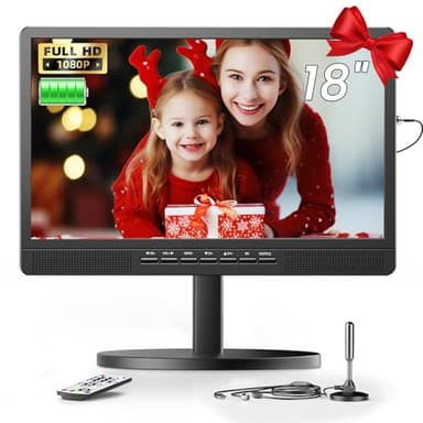 DESOBRY 18" Kleiner Fernseher mit Antenne, tragbarer Fernseher mit Freeview DVB/T2 Tuner, 6000mAh Akku Mini TV mit Ständer für Outdoor Camping, Schlafzimmer, Küche