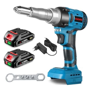 ONEVAN Akku Nietzange, 20,000N Nietpistole Bürstenlose Automatischer Elektrische Popnietenzange mit 2 Akkus 1500mAh, für 2.4-5.0 mm Blindnieten, Hub 18mm