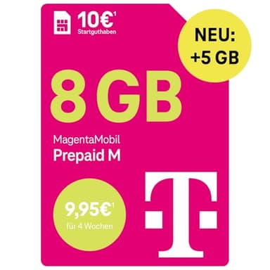 Telekom MagentaMobil Prepaid M mit 13 GB Highspeed-Volumen | 5G/LTE Max & Allnet Flat in alle dt. Netze | unverbrauchtes Datenvolumen weiter nutzen | EU Roaming & Hotspot Flat | 10 EUR Startguthaben