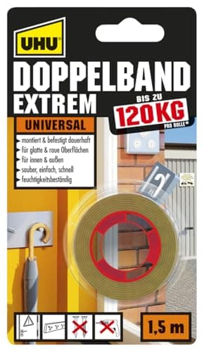 UHU Doppelband Extrem, Extrem hohe Klebekraft von 120 kg/ Rolle, 1,5 m x 19 mm