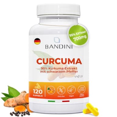 Bandini® Curcuma 700 mg Kurkuma pro Kapsel aus 95% Kurkuma-Extrakt — Curcumingehalt EINER Kapsel entspricht 10.000 mg – mit Piperin | 120 Kapseln, 1 Kapsel/Tag für 4 Monate