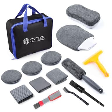 GES Autowasch-Reinigungsset, 12-teiliges Premium-Autoreinigungsset mit Mikrofaser-Handschuh, Handtuch und Bürsten – Komplettes Autopflegeset für Räder, Innenraum, Leder und Außenreinigung (Grau)