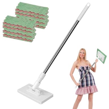 Wischmopp Mit Druck-Klemm-System, 2026 Neu Wischer Mop Ohne Händewaschen, Bequemer Mini-Mopp,Automatisches Klemmtuch, mit 10 Stück Mop Pads, für Badezimmer, Küche, Boden