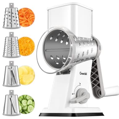 Geedel Käsereibe, Gemüseschneider mit 4 Austauschbare Klingen, Gemüsereibe mit Kurbel, Starkem Saugfuß, Gemüsehobel für Gemüse Obst, Gemüseschneider für Käse, Gurken, Karotten, Nüsse usw. Weiß