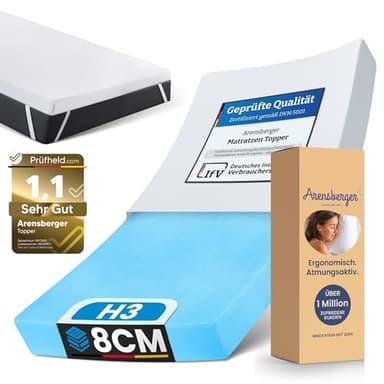 Arensberger Matratzen Topper 140x200cm | Höhe 8cm Premium | Härtegrad H3 | Geltopper Matratzentopper mit waschbarem Bezug | kühlende Matratzenauflage | für Federkern und Schaumstoffmatratzen