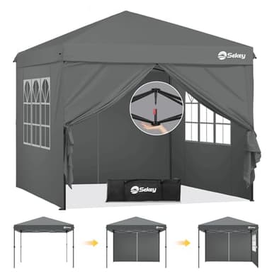 Sekey Premium Pop Up Pavillon 3x3 Wasserdicht Stabil, 3 x 3 m Pavillon mit Seitenwänden, Faltpavillon Partyzelt Faltbar für Camping Party, Höhe Verstellbar 250-270cm, (Grau, Mit Seitenwänden)