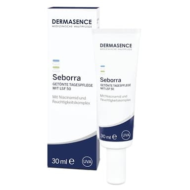 DERMASENCE Seborra Getönte Tagespflege mit LSF 50, 30 ml – Grüne Creme gegen Rötungen und Pickel, kaschiert Unreinheiten, mattierend, hoher UV-Schutz, parfümfrei, vegane Tagespflege für fettige Haut