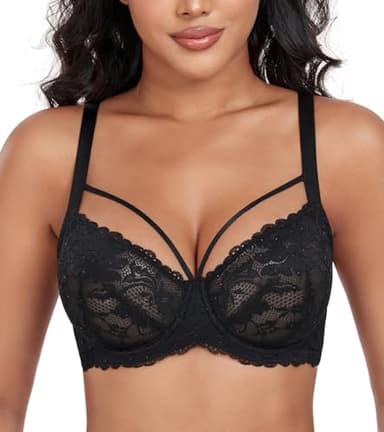 DotVol Damen Große Größen Minimizer BH Durchsichtige Ungepolsterte Spitze Unterwäsche Alltag Bra mit Schnürung(Schwarz, 90C)