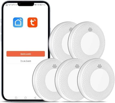 Safeliveo Rauchmelder WLAN 10 Jahre Batterie mit App Benachrichtigung, Stummschaltung und Selbsttest Funktion ，Entspricht DIN EN 14604(Kompatibel mit Tuya/Smart Life APP)-5 Stück