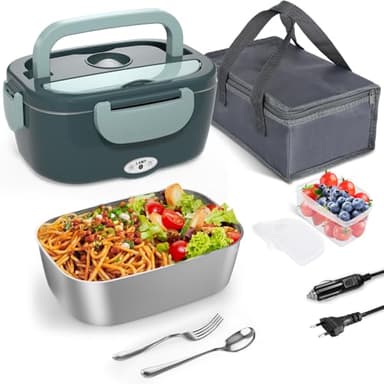 Elektrische Lunchbox, 80W Beheizte Lunchbox Tragbare Thermo wärmebox, 1.5L Herausnehmbare Edelstahl-Brotdose Food Warmer Warmhaltebox 12V/24V/220V für Arbeit Auto Lkw Büro Haus mit Gabel & Löffel