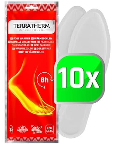 TerraTherm Wärmesohlen luftaktiviert – 8h warme Füße – 5, 10 oder 30 Paar Sohlenwärmer – 100% natürliche Wärme – wärmende Schuheinlagen - 10 Paar L