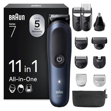 Braun All-in-One Trimmer-Set 7, 11-in-1 Multigroom, Barttrimmer, Nasenhaartrimmer, Haarschneidemaschine für Gesicht, Kopf und Körper, 120 Min Akku, 14 Längen (0.1–21 mm), Wasserdicht, AIO7540, Blau