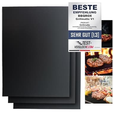 BLACKROX Grillmatten BBQROX Antihaft Grill Backmatte Wiederverwendbar Mehrweg Holzkohlegrill, Gasgrills Elektrogrill, Weber Style für Fleisch, Fisch (3er Set 40x33cm 300°C Schwarz)