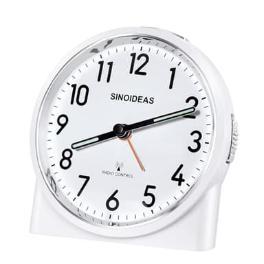 SINOIDEAS Funkwecker，Funkwecker Analog ohne Ticken, mit Nachtlicht Schlummerfunktion, 1 x 1,5 V AA-Batterie (Nicht im Lieferumfang enthalten) (Weiß)