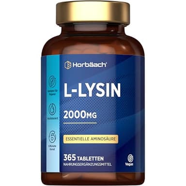 L-Lysin Hochdosiert Tabletten 2000mg | 365 Vegan Stk | 1000mg pures L Lysin aus L-Lysin HCl | aus Pflanzlicher Fermentation | Lysine Essentiellen Aminosäuren | von Horbaach