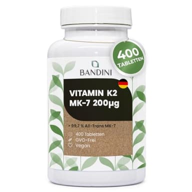 Bandini® Vitamin K2 MK-7 200µg (mcg) VEGAN | 400 Mikrotabletten | 1 Tablette pro Tag für 13 Monate | K2 rein natürliches Menachinon | trans >99,7% Vitamin K 2 | Blutgerinnung | hohe Dosierung