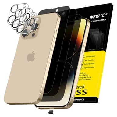 NEW'C 3 x Sichtschutz für iPhone 14 Pro Max für Panzerglas (6,7 Zoll) und 3 x Kamera Panzer Schutz Glas Kameraschutz + Staubschutzstöpsel -28 Grad verbesserter Sichtwinkel - kratzfest