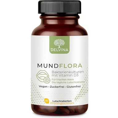 DELVINA Mundgeruch bekämpfen - 90 Lutschtabletten für Mundhygiene ohne Mundspülung und Zungenreiniger - Frischer Atem - Bakterienkulturen mit Vitamin D3 gegen Mundgeruch, Zitrone, 3 Monatsvorrat