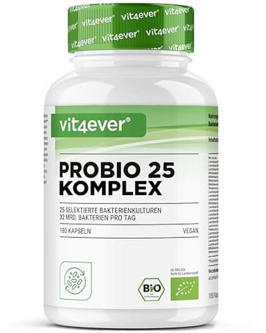 vit4ever Probio 25 - Kulturen Komplex mit 32 Mrd Milchsäurebakterien & 25 Bakterienstämmen + Bio Inulin je Tagesdosis - 180 magensaftresistente Kapseln - Hochdosiert - Vegan