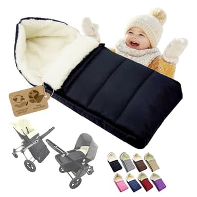 BAMBINIWELT Fußsack aus Lammwolle 108 cm – Winterfußsack für Kinderwagen, Buggy – universell passend, warm, waschbar & wasserabweisend – liniert (schwarz)