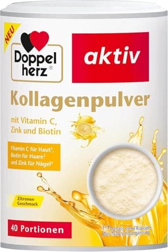 Doppelherz Kollagenpulver mit Vitamin C, Zink und Biotin, 5000 mg Kollagenhydrolysat je 7,5 g Pulver, 40 Portionen, Zitronen Geschmack, 300 g