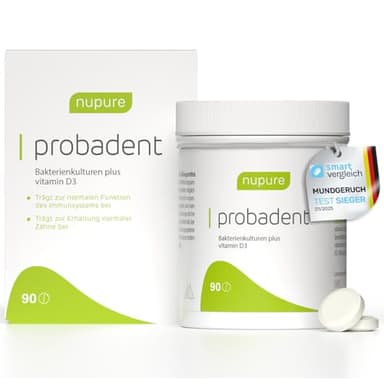 Nupure® Probadent Lutschtabletten gegen Mundgeruch mit Bakterienkulturen für die Mundflora mit 5 μg Vitamin D, Mundgeruch bekämpfen, Zitronengeschmack, Mundhygiene ohne Mundwasser, 90 Kapseln