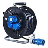 IntuiFlex CEE Camping-Kabeltrommel mit 25m Gummi-Kabel H07RN-F 3G2,5 3x2,5 mm 230V/16A CEE Stecker CEE Steckdose + 2x Schuko Steckdosen - IP44 Campingkabel Kabelrolle Zubehör Wohnmobil Boot Wohnwagen