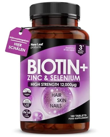 Biotin Hochdosiert für Haarwachstum, 12.000 mcg Tabletten mit D Biotin Zink Selen – Vegan für Haut Haare Nägel – Hochwirksame Haar Vitamine, 3-Monats-Vorrat - New Leaf