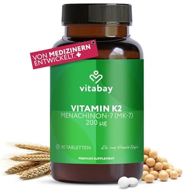 Vitabay Vitamin K2 200 µg (MK-7 Menachinon-7) – 90 Vegane Tabletten – Hochdosiert & Laborgeprüft in Deutschland – All-Trans-Form – Vitamin K2 Nahrungsergänzung für eine ausgewogene Ernährung