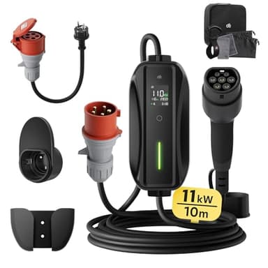 dé Mobile Wallbox/Ladestation 11kW [3-phasig|10m|6-16A] mit Einstellbarer Ladeleistung, Ladekabel CEE 16A auf Typ 2 und EV Ladegerät für Model Y/3, ID.3/4/5, MG4, EX30, e-up, e-tron, Zoe und andere EV
