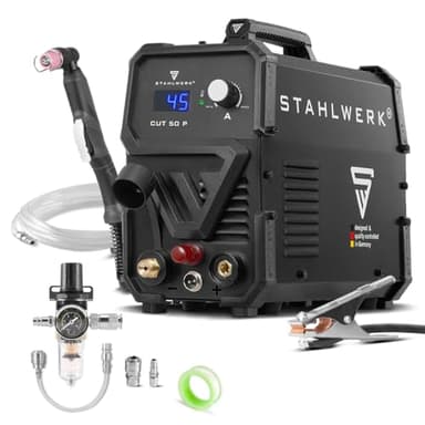 STAHLWERK Plasmaschneider CUT 50 P – Plasmaschneidgerät mit 15 bis 45 A, Schneidleistung bis 15 mm, Plasma Cutter mit HF-Pilotzündung, Smart-Kühlung, einfache Bedienung mit viel Zubehör