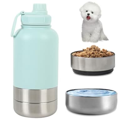 950ML 3 in 1 Hundetrinkflasche für unterwegs, Isolierte Edelstahl Trinkflasche Hunde für unterwegs mit Fressnapf & Wassernapf, Thermoflasche Hund für Reise Outdoor (Blau, L)